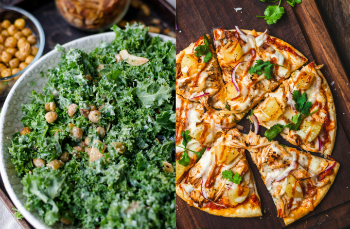 Grünkohl-Salat mit gerösteten Kichererbsen neben einer Pizza mit Ananas, Hähnchen und frischen Kräutern – Symbolbild für intuitives essen und Balance