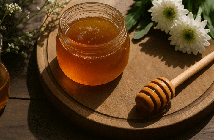 Glas mit Honig und Honiglöffel auf Holzbrett – DIY-Zutat für sanftes Body Scrub bei empfindlicher Haut